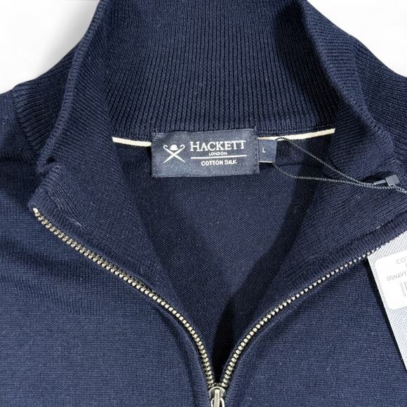 Hackett London Cotton Silk Quarter Zip Sweater Mens L Luxe Preppy Classic Navy - Picture 5 of 10